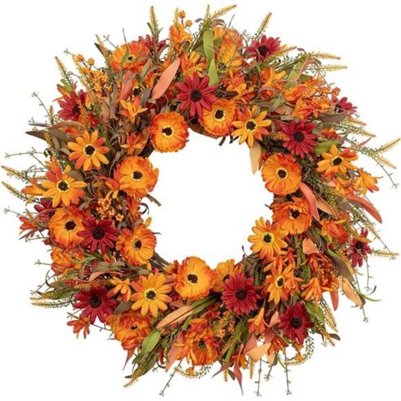 22" Artificial Orange Daisy Wreath with Wildflowers Berries for Indoor Outdoor - Picture 1 of 8